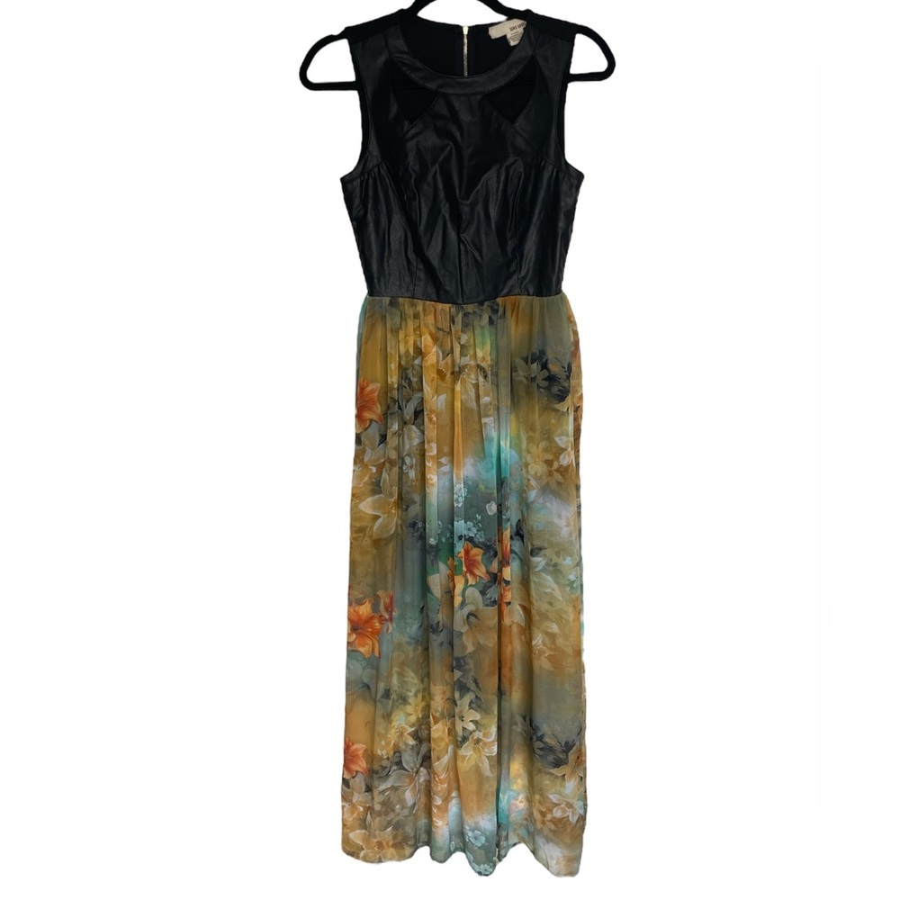 Floral Maxi Dress w/ Black Faux Leather Bodice S